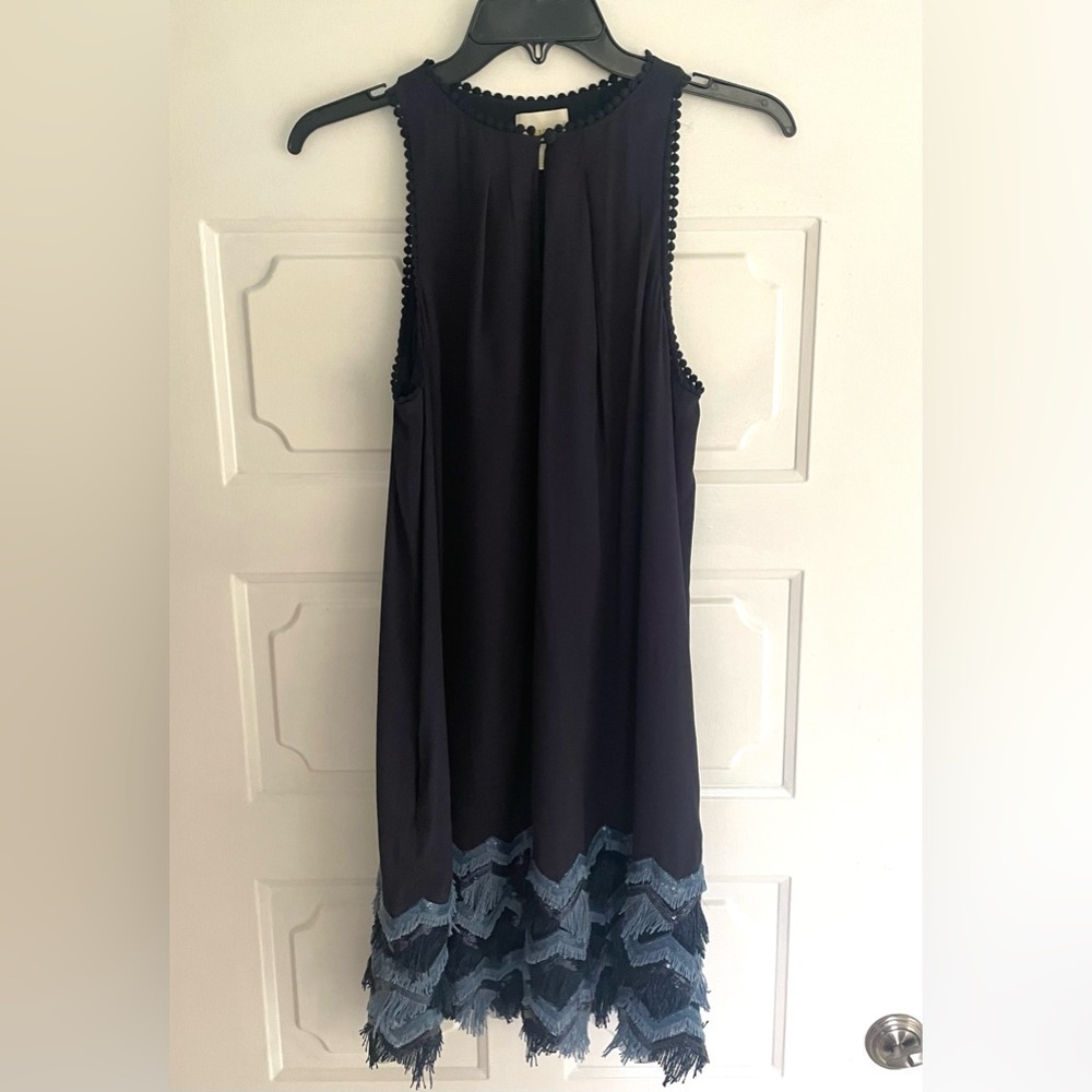 Maeve Anthropology Navy Blue Sequin Shift Dress Keyhole Size 2 Pompom Holiday